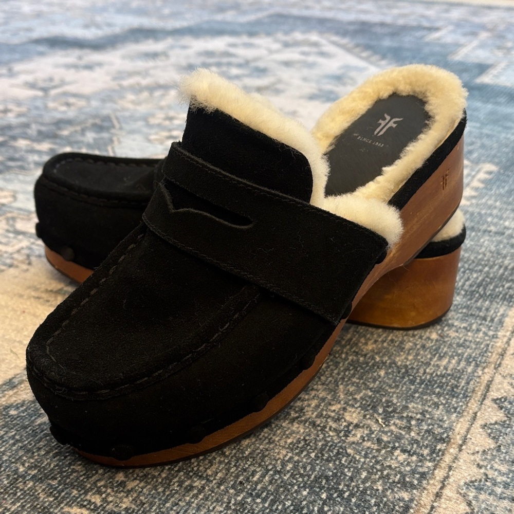 Frye Black and White Shearling Mules